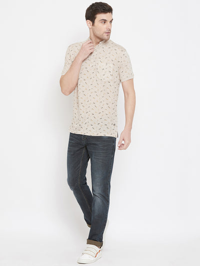 Beige Printed Mandarin Neck T-Shirt - Men T-Shirts