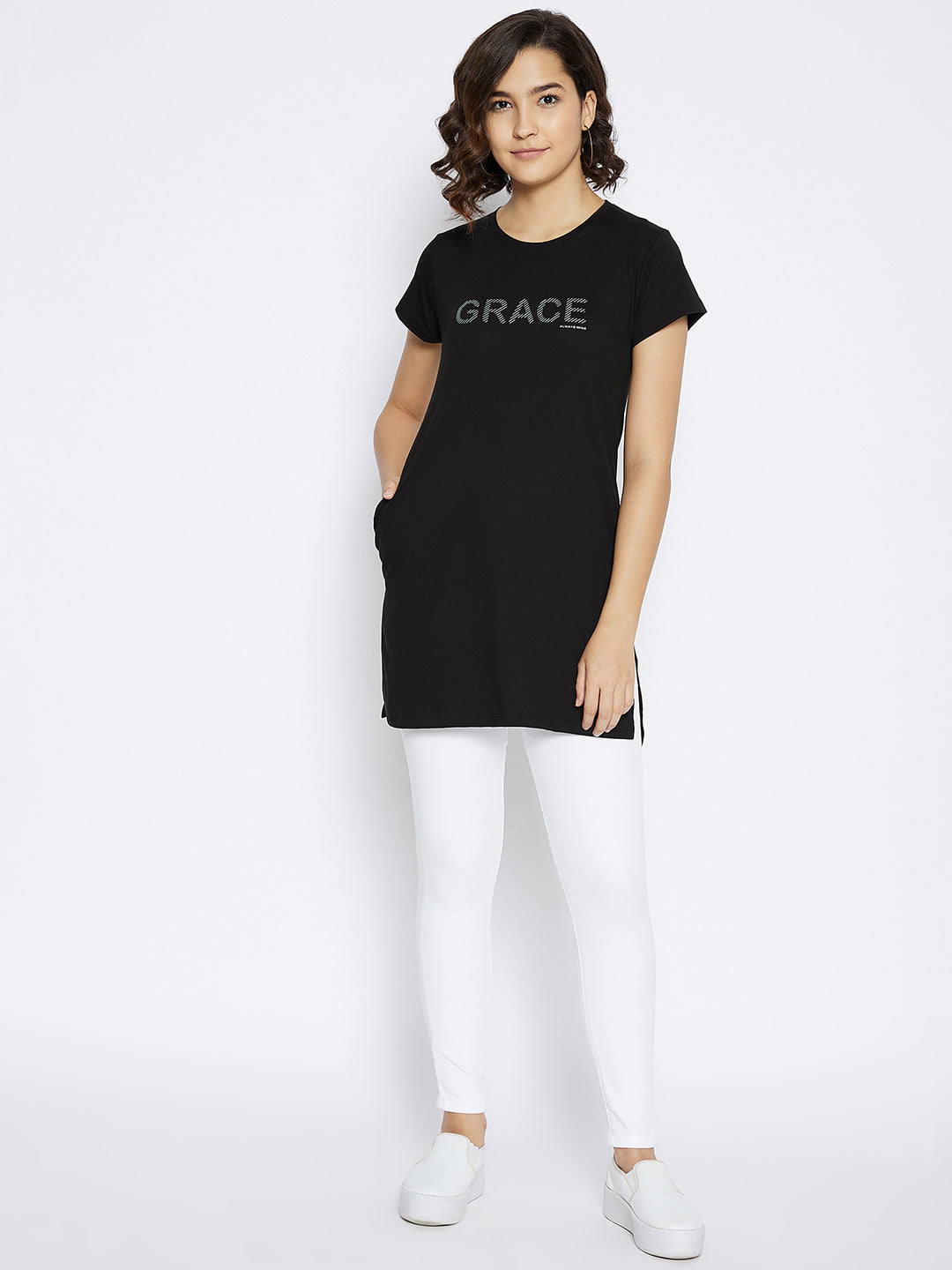 Black Printed Round Neck T-shirt - Women T-Shirts