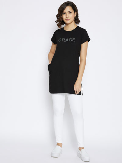 Black Printed Round Neck T-shirt - Women T-Shirts