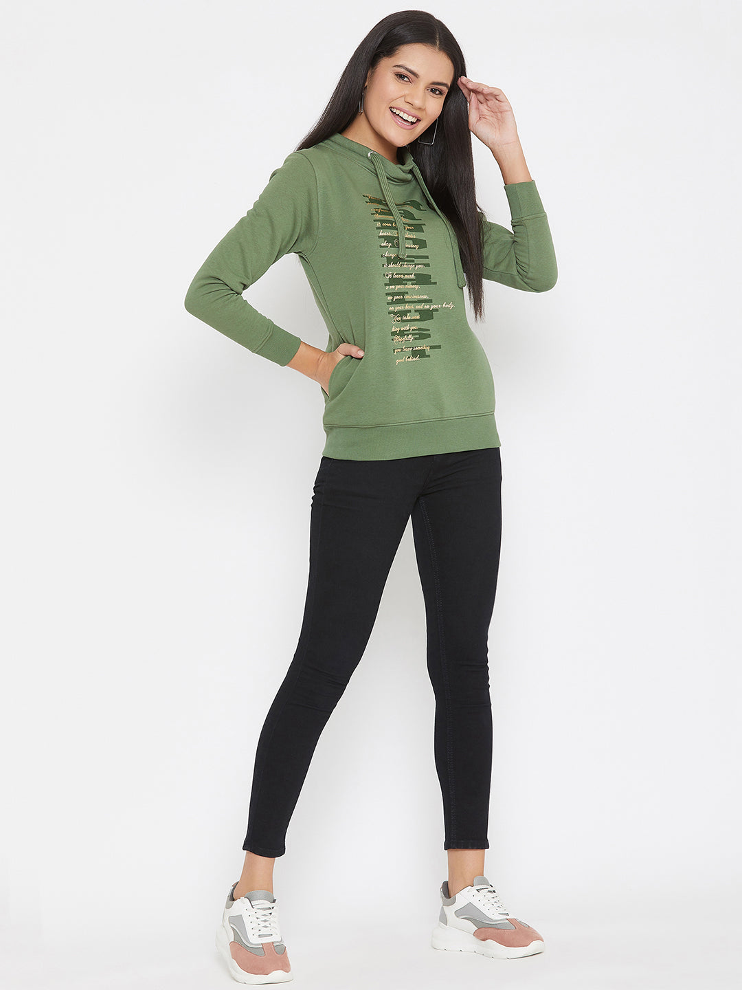 Olive Printed Mock Neck Sweatshirt - Women Sweatshirts