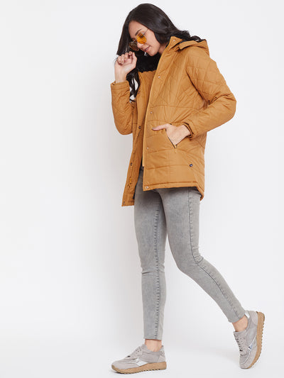 Mustard Solid Hooded Jackets-Women Jackets-Crimsoune Club