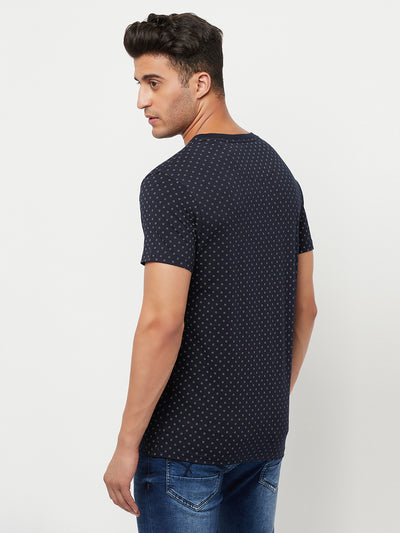 Navy Blue Printed Round Neck T-Shirt - Men T-Shirts