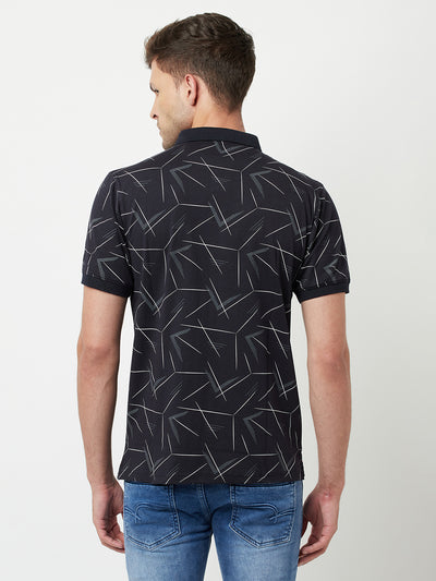 Navy Blue Printed Polo T-Shirt-Men T-Shirts-Crimsoune Club