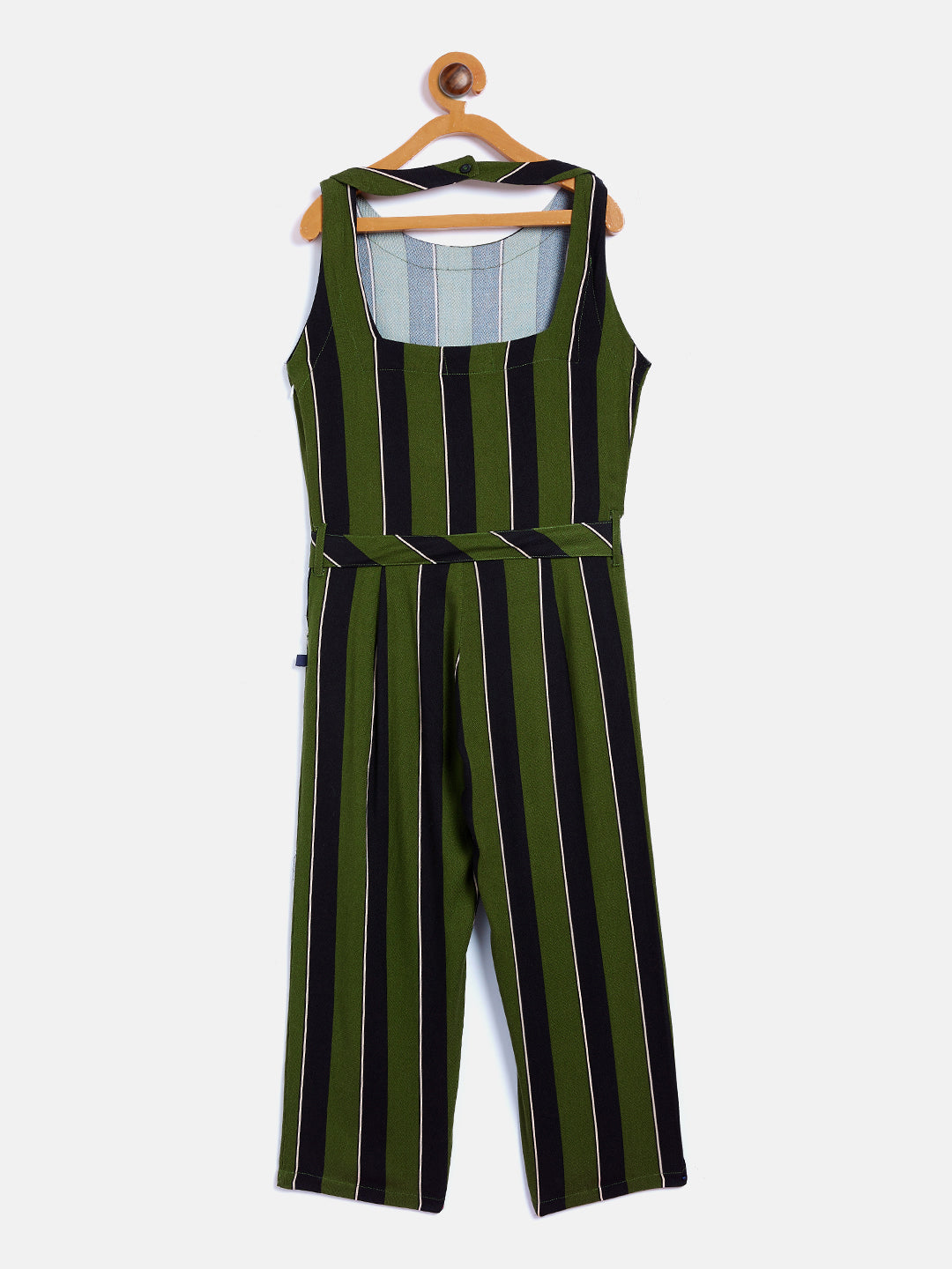 Olive Striped Round Neck Jumpsuit - Girls Jumpsuit