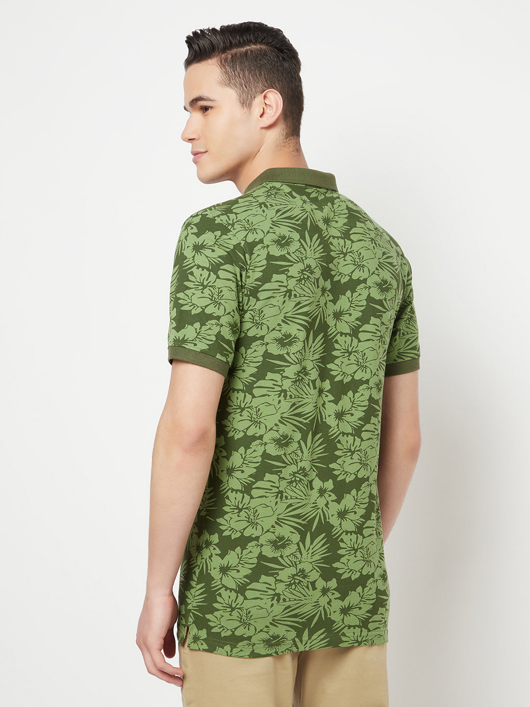 Olive Floral Printed Polo T-Shirt - Men T-Shirts