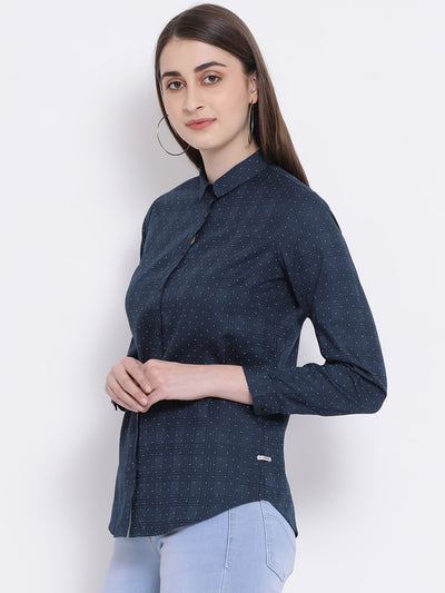 Blue Printed Mandarin Collar Slim Fit Shirt - Women Shirts