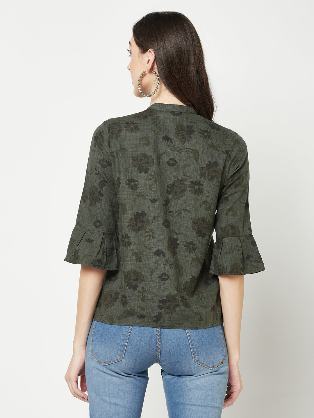  Olive Floral Mandarin Neck Shirt