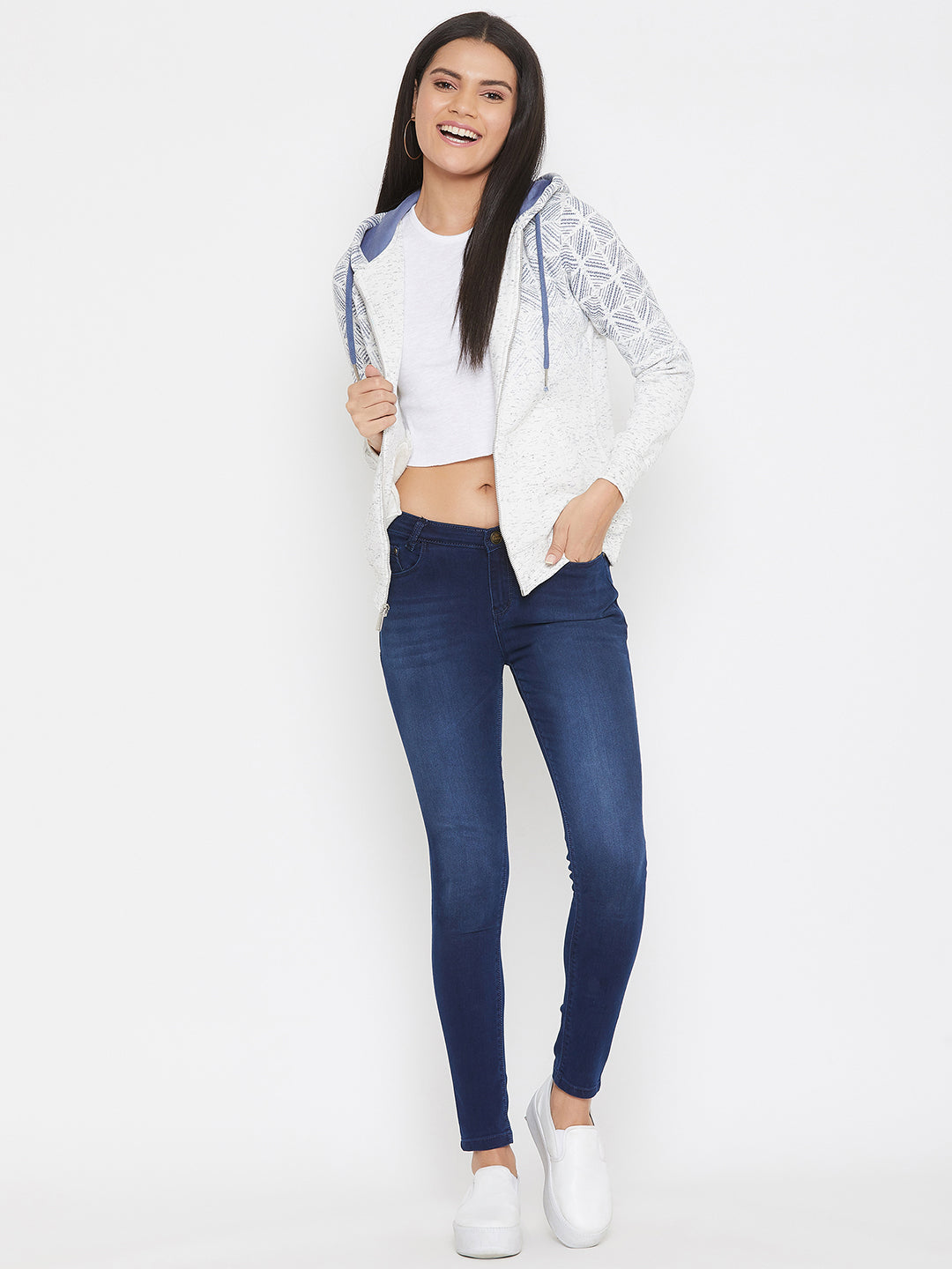 White Printed Hooded Sweatshirt - Women Sweatshirts