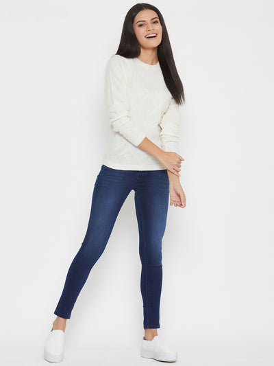 Off White Self Design Round Neck Sweater - Women Sweaters