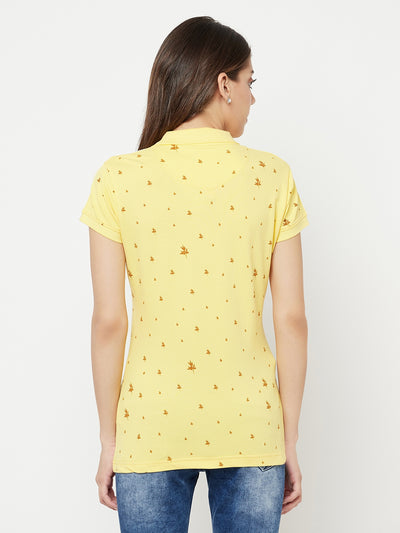 Yellow Floral Printed Polo Collar T-Shirt - Women T-Shirts