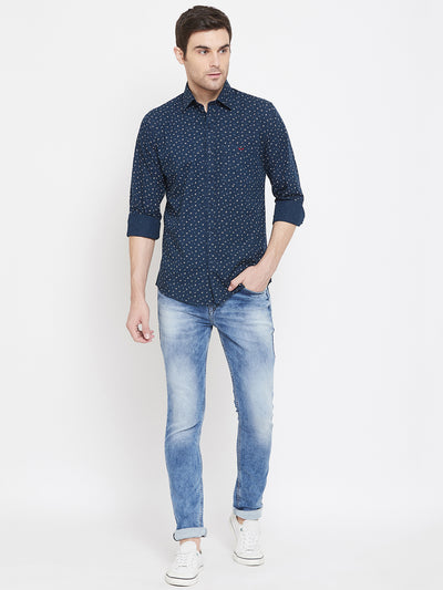 Navy Blue Printed Button up Shirt - Men Shirts