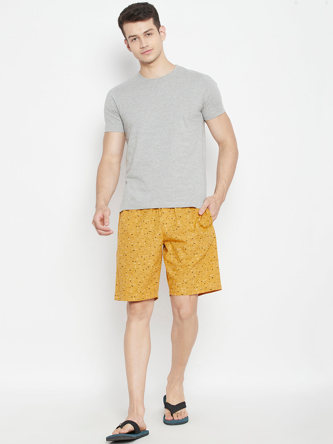 Mustard Printed Slim Fit Lounge Shorts - Men Lounge Shorts