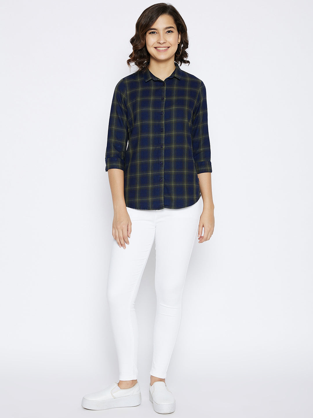 Navy Blue Checked Slim Fit shirt - Women Shirts