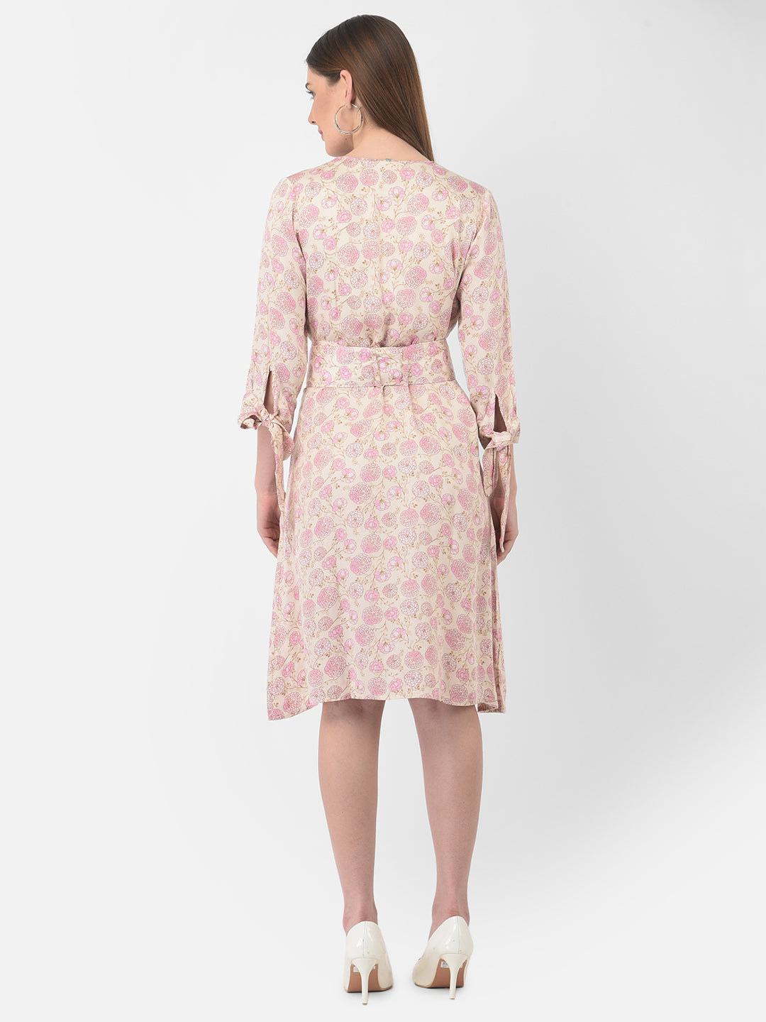 Pink Floral Printed V-Neck Dress With Belt - Women Dresses