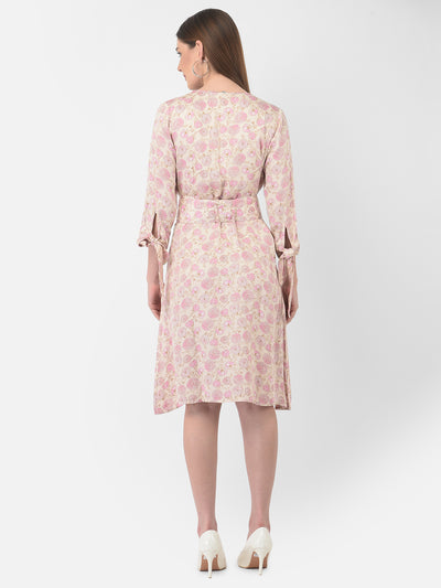 Pink Floral Printed V-Neck Dress With Belt - Women Dresses