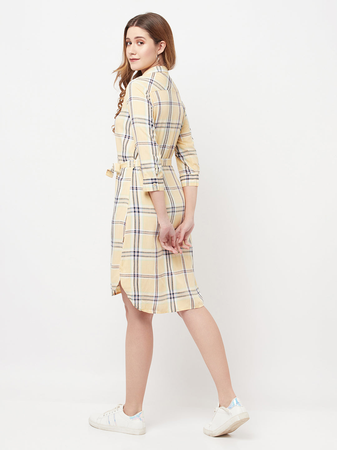 Beige Checked Shirt Dress - Women Dresses