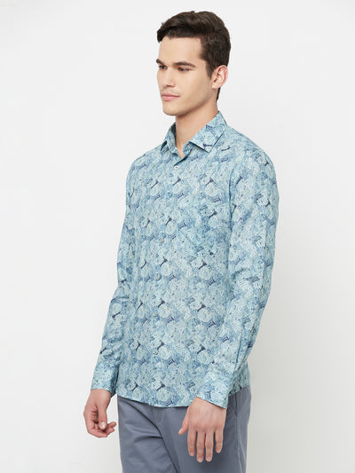 Blue Printed Linen Shirt - Men Shirts