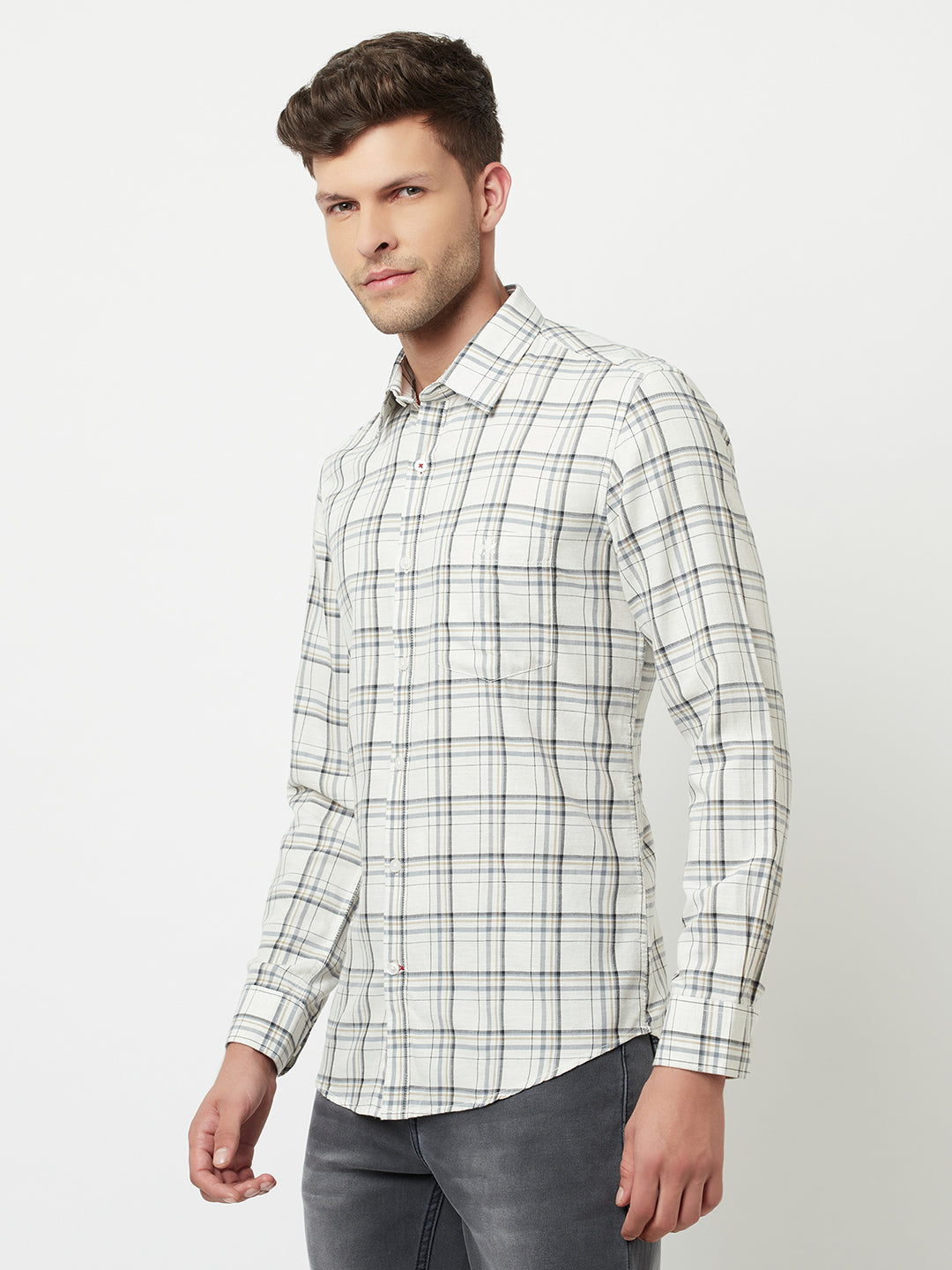 Cream Tartan Checked Shirt-Men Shirts-Crimsoune Club