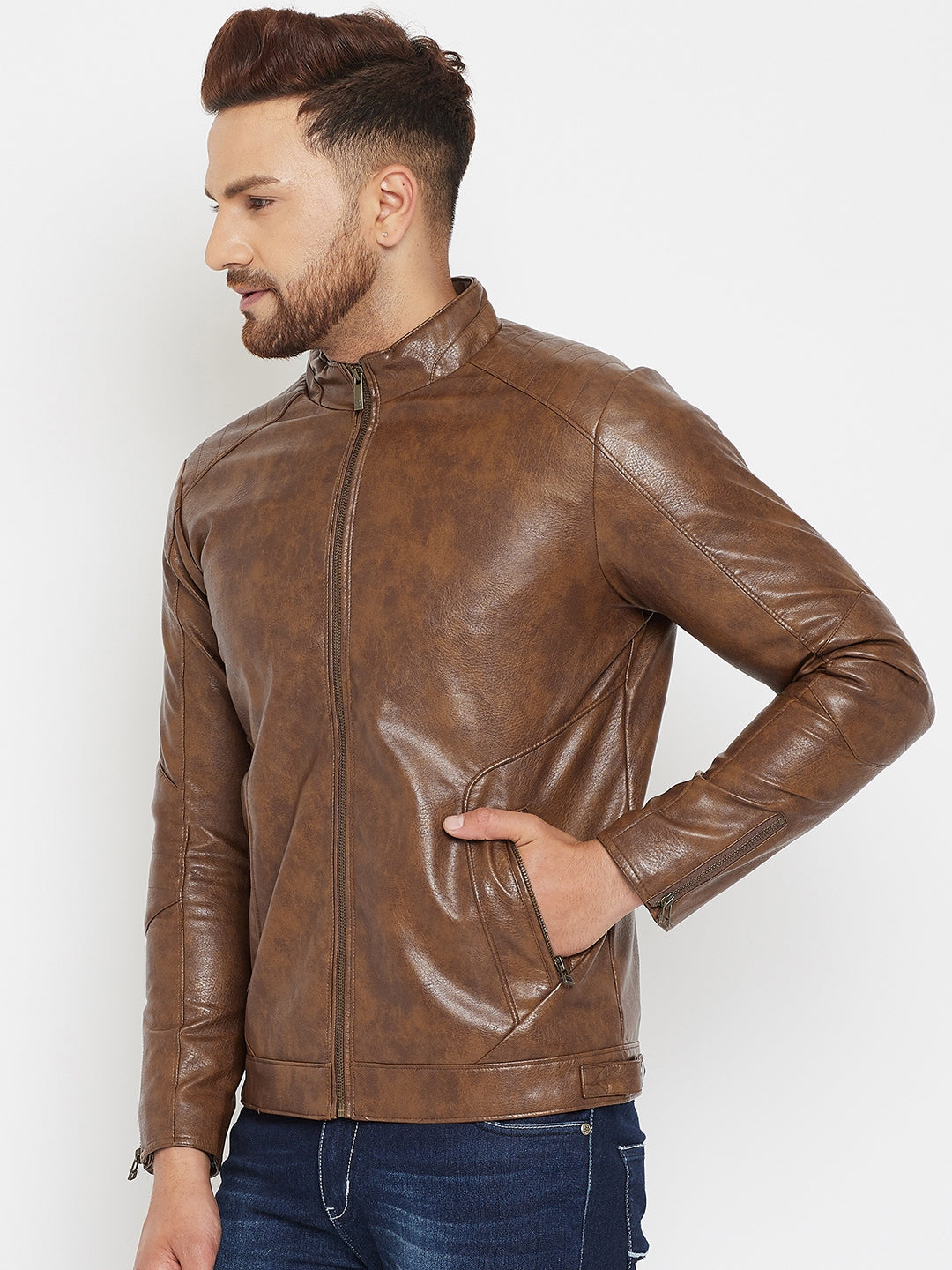 Brown Solid Leather Jacket-Mens Jacket-Crimsoune Club