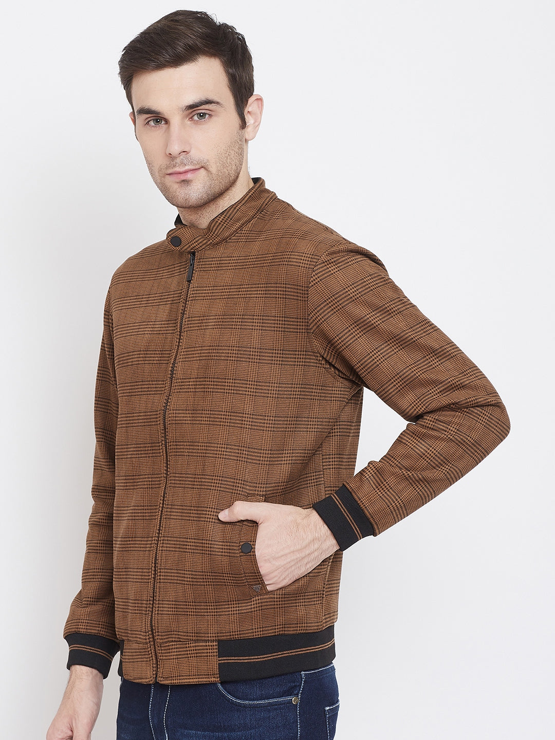Brown Checked Mock Neck Jackets-Mens Jacket-Crimsoune Club
