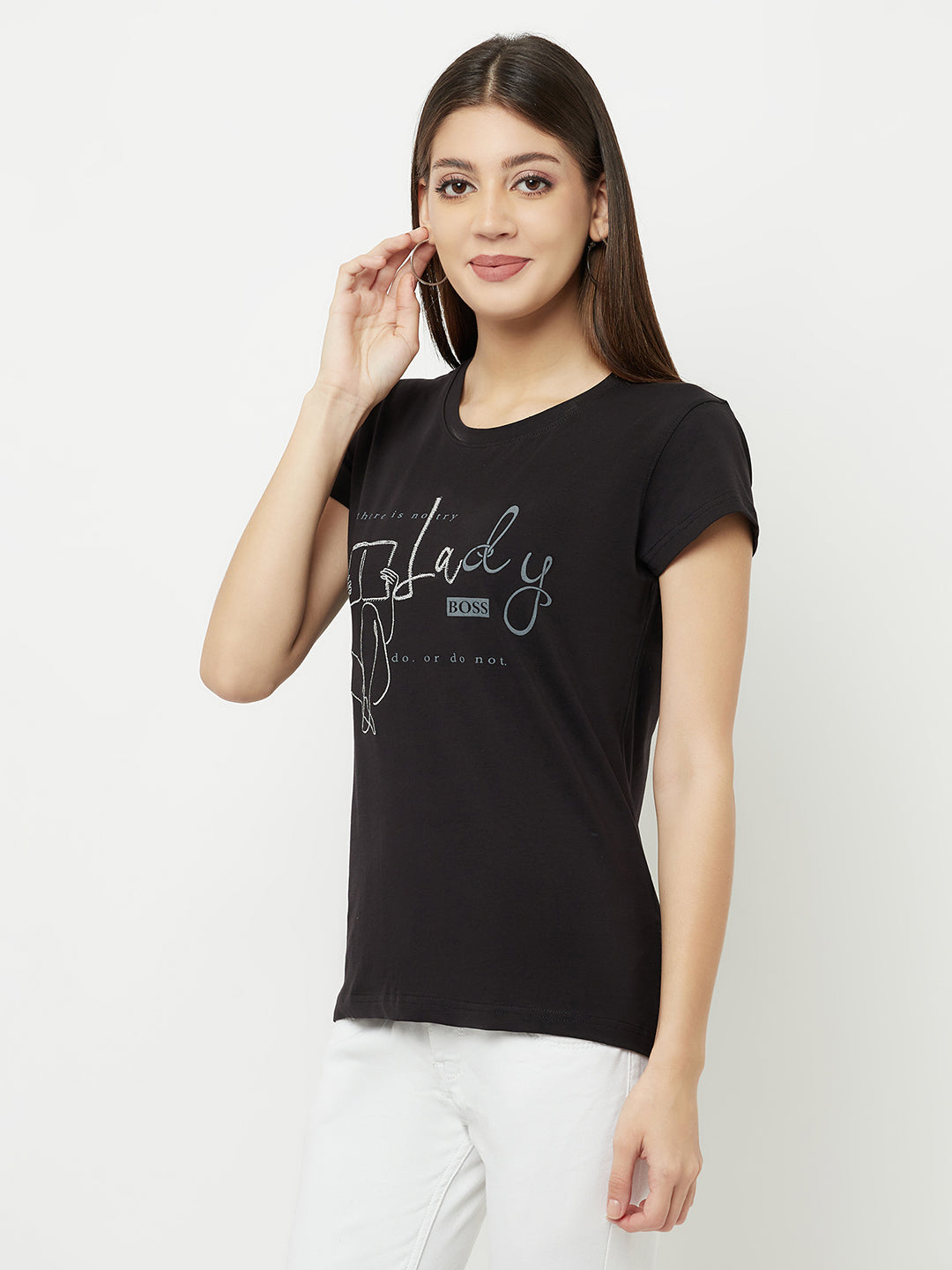 Black Printed Round Neck T-Shirt - Women T-Shirts