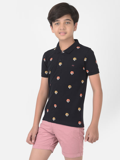 Navy Blue Printed Polo T-shirt - Boys T-Shirts