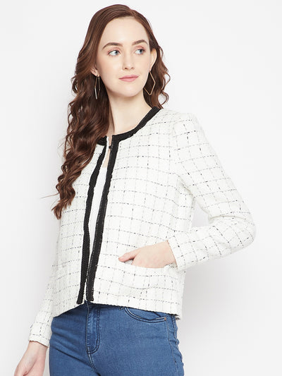 White Checked Round Neck Blazer - Women Blazer