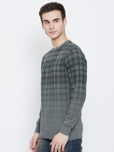 Green Checked Round Neck Sweatshirt - Men Sweatshirts