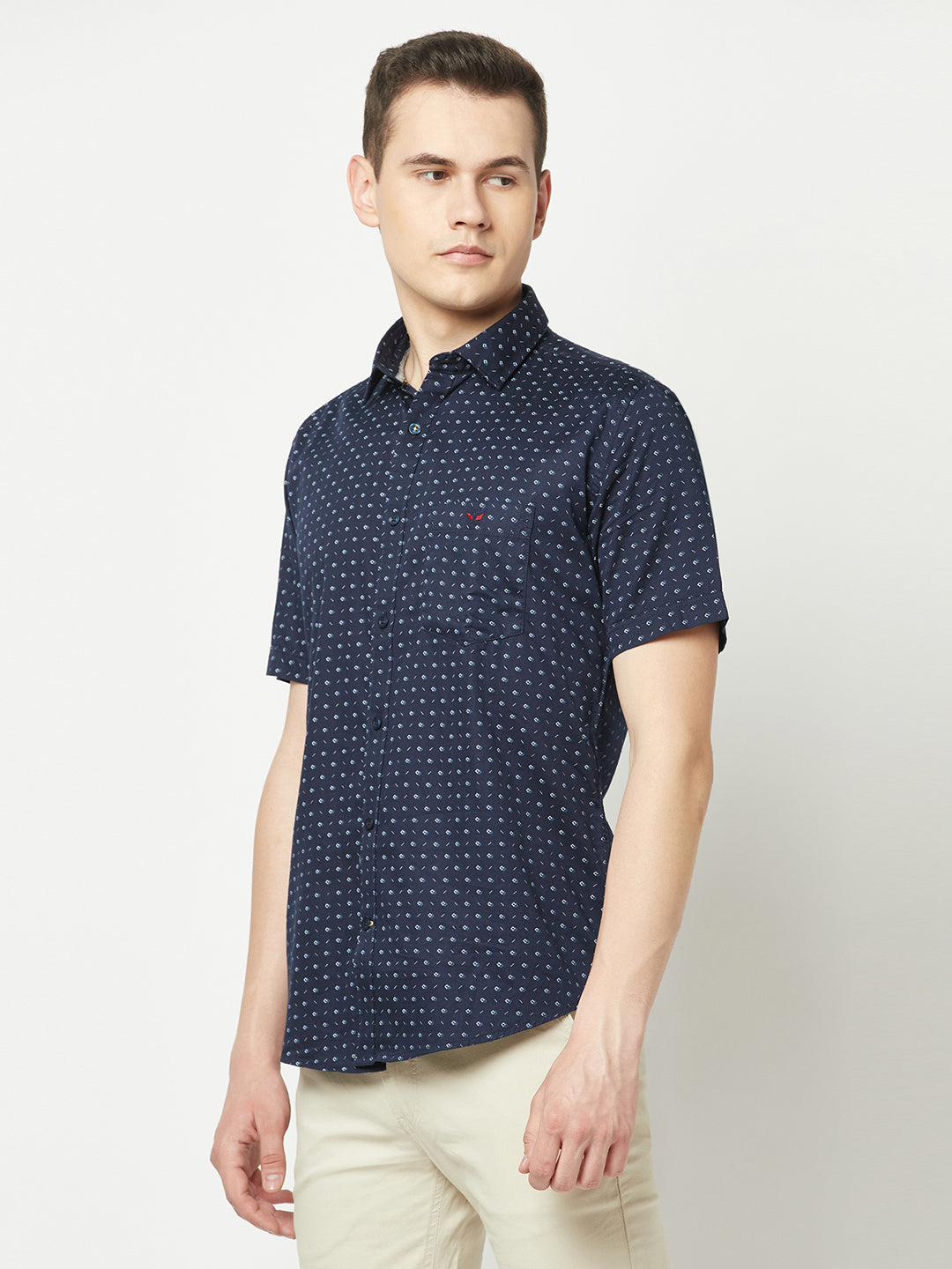  Short-Sleeved Navy Blue Geometric Shirt