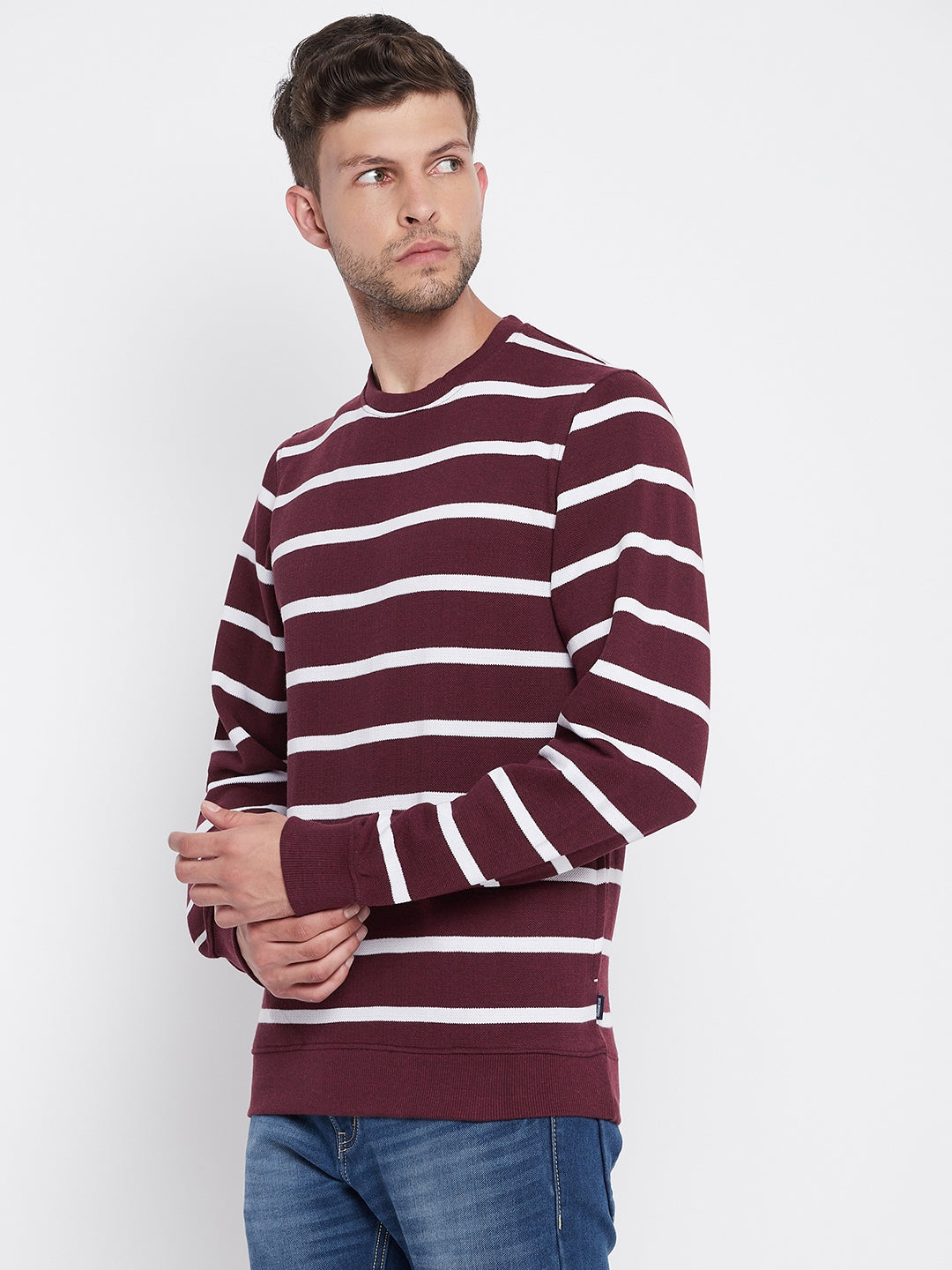 Maroon Striped Round Neck Sweatshirt - Men Sweatshirts