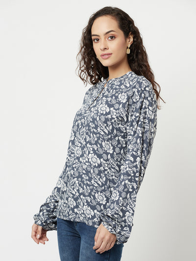 Grey Floral Printed Top-Women Tops-Crimsoune Club