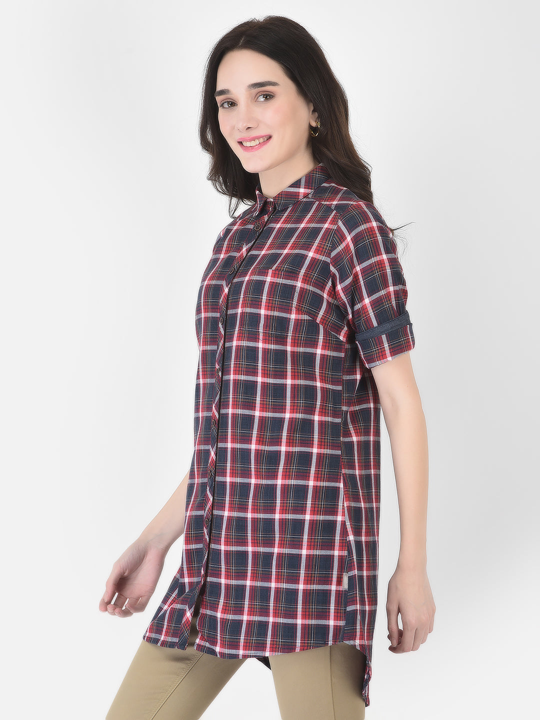 Long Navy Blue Checked Shirt - Women Shirts