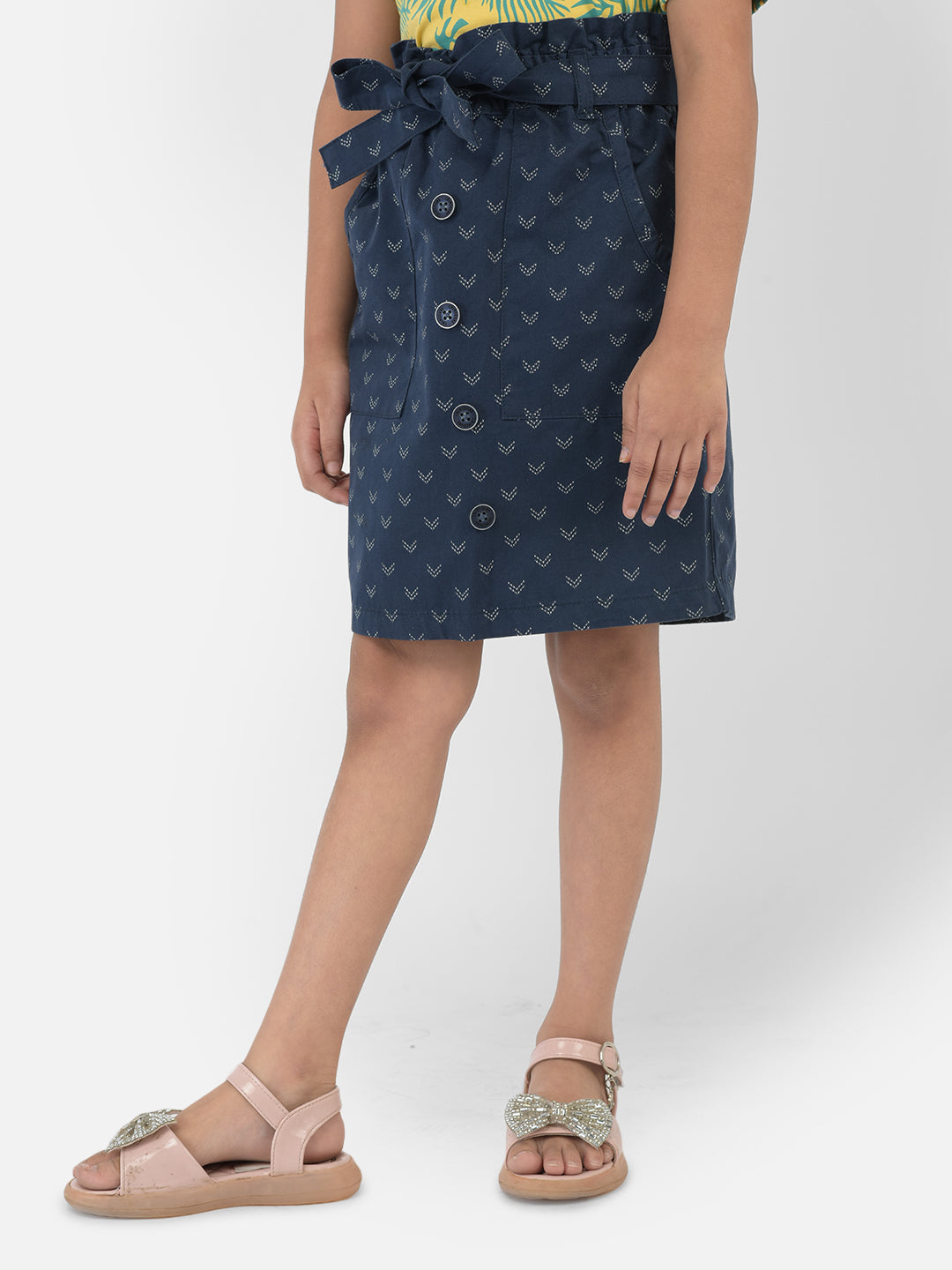 Navy Blue Printed Skirt With Belt - Girls Skirts