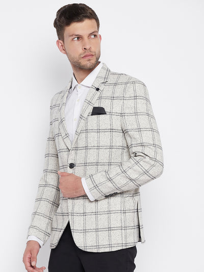 Grey Checked Notched Lapel Blazer - Men Blazers