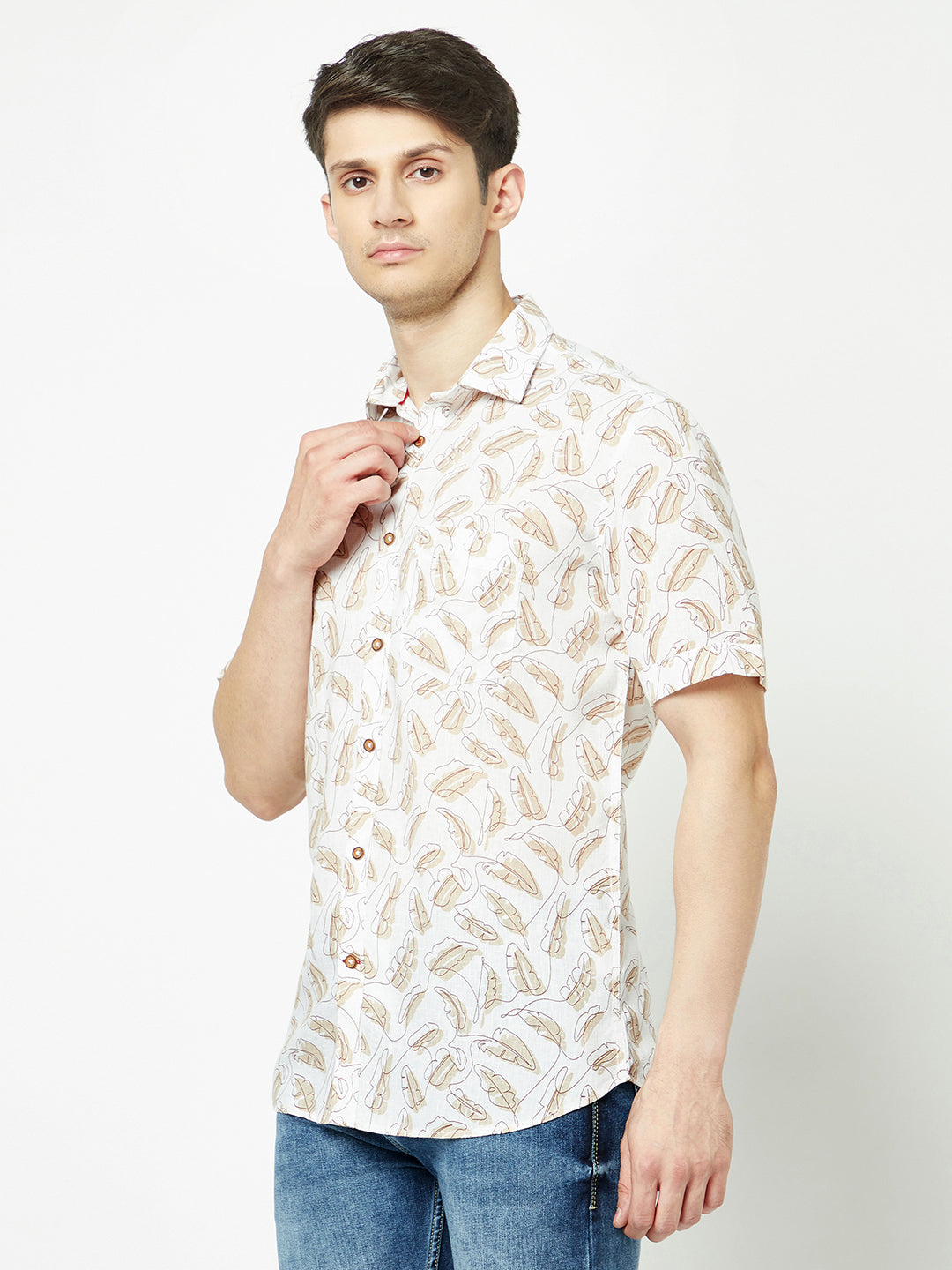  Beige One-Line Floral Print Shirt 