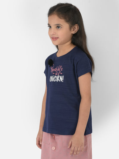 Navy Blue Printed Round Neck T-Shirt - Girls T-Shirts