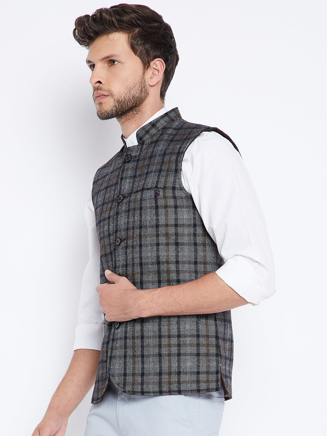 Grey Checked Reversible Waistcoat - Men Waist Coat
