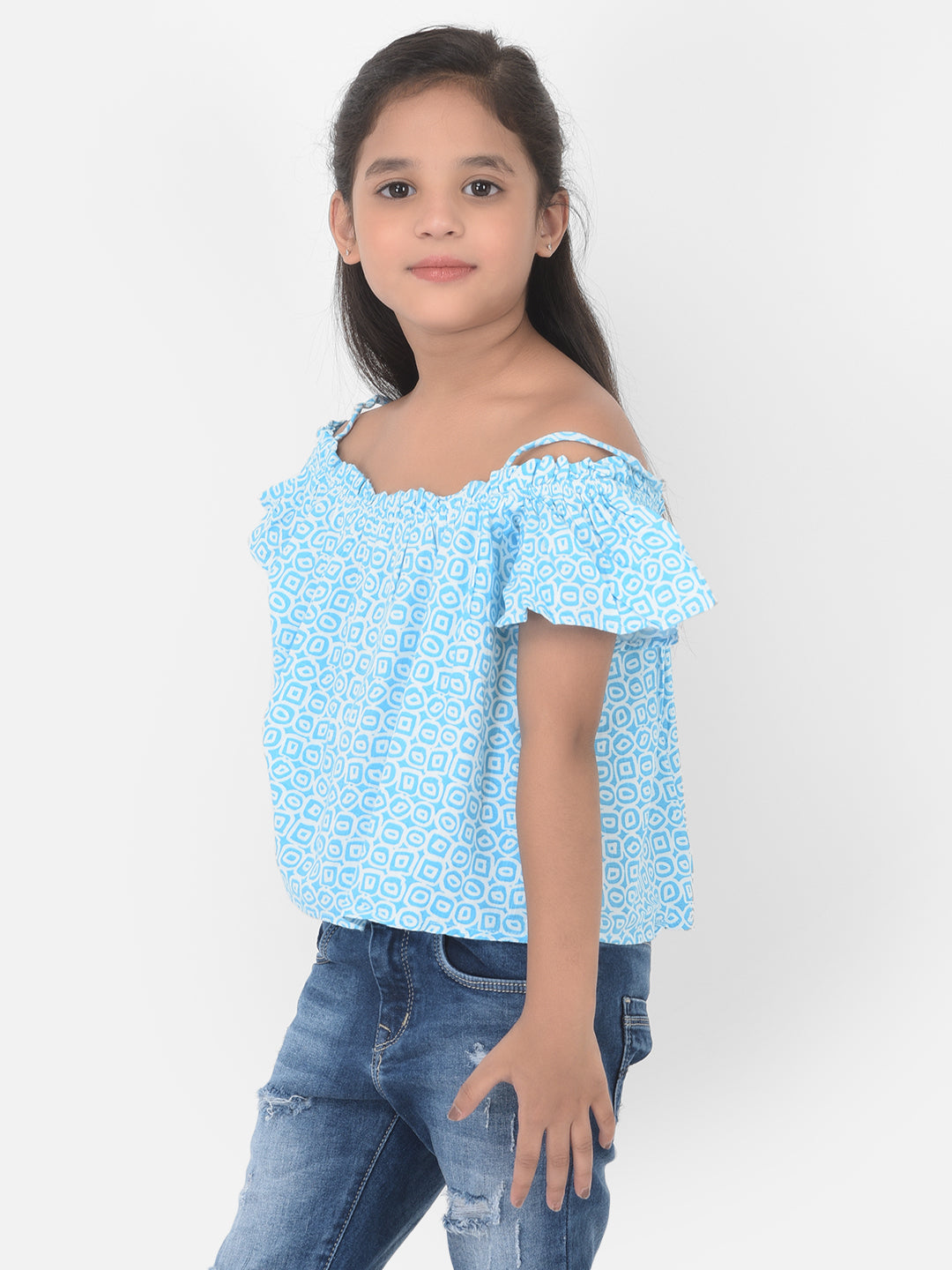 Light Blue Printed Cold Shoulder Crop Top - Girls Tops