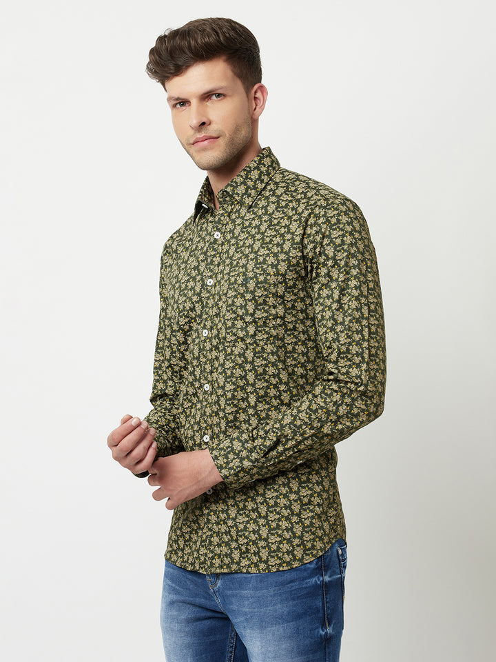 Olive Floral Printed Shirt-Men Shirts-Crimsoune Club