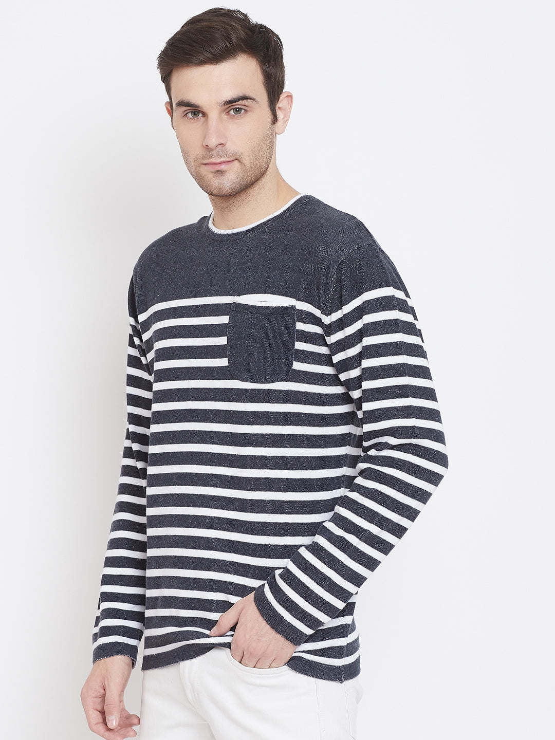 Grey Striped Round Neck Sweaters-Men Sweaters-Crimsoune Club