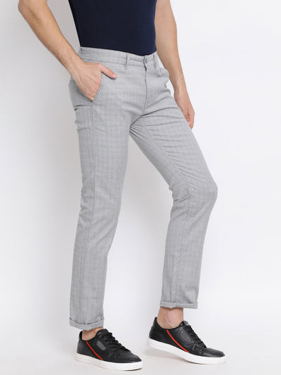 Grey Checked Slim Fit Trousers - Men Trousers