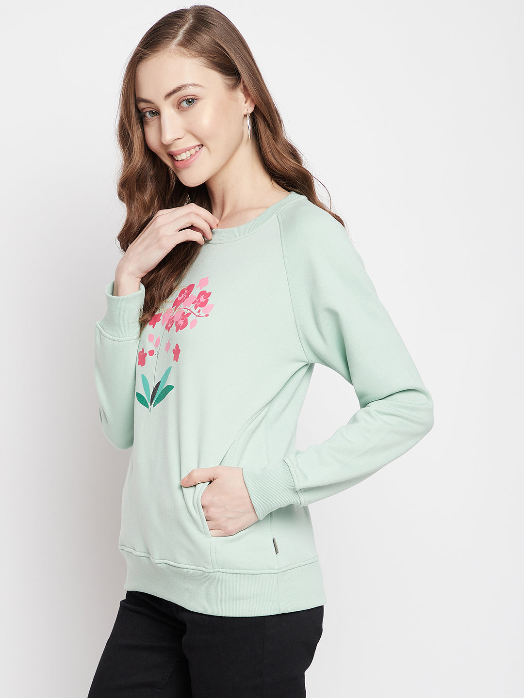 Mint Green Floral Round Neck Sweatshirt - Women Sweatshirts