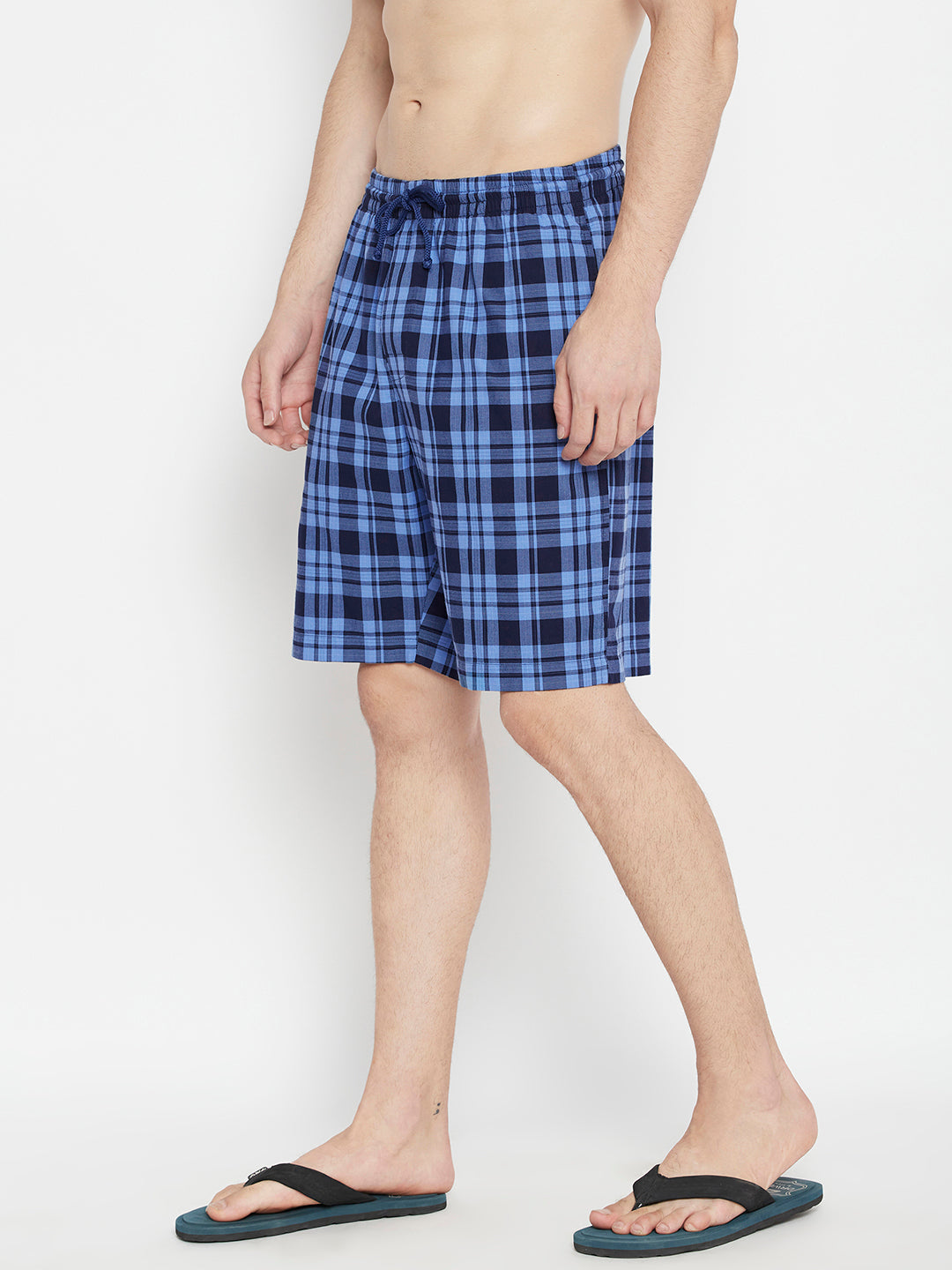 Blue Checked Slim Fit Lounge Shorts - Men Lounge Shorts