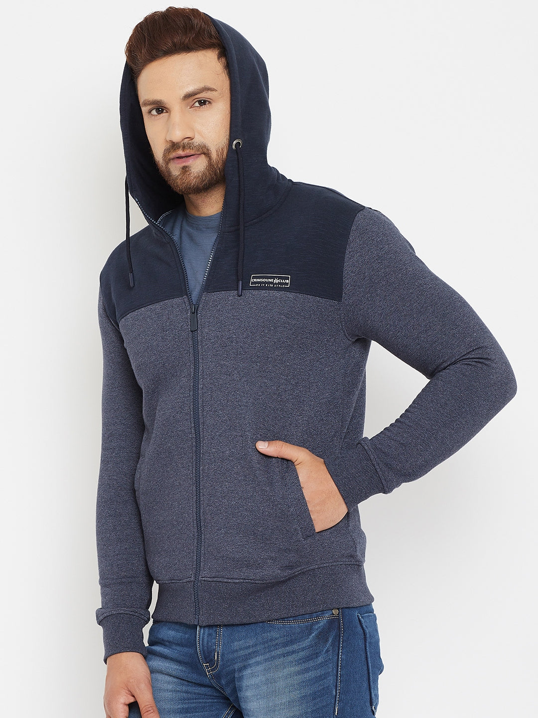 Blue Colorblocked Hooded Sweatshirt - Men Sweatshirts