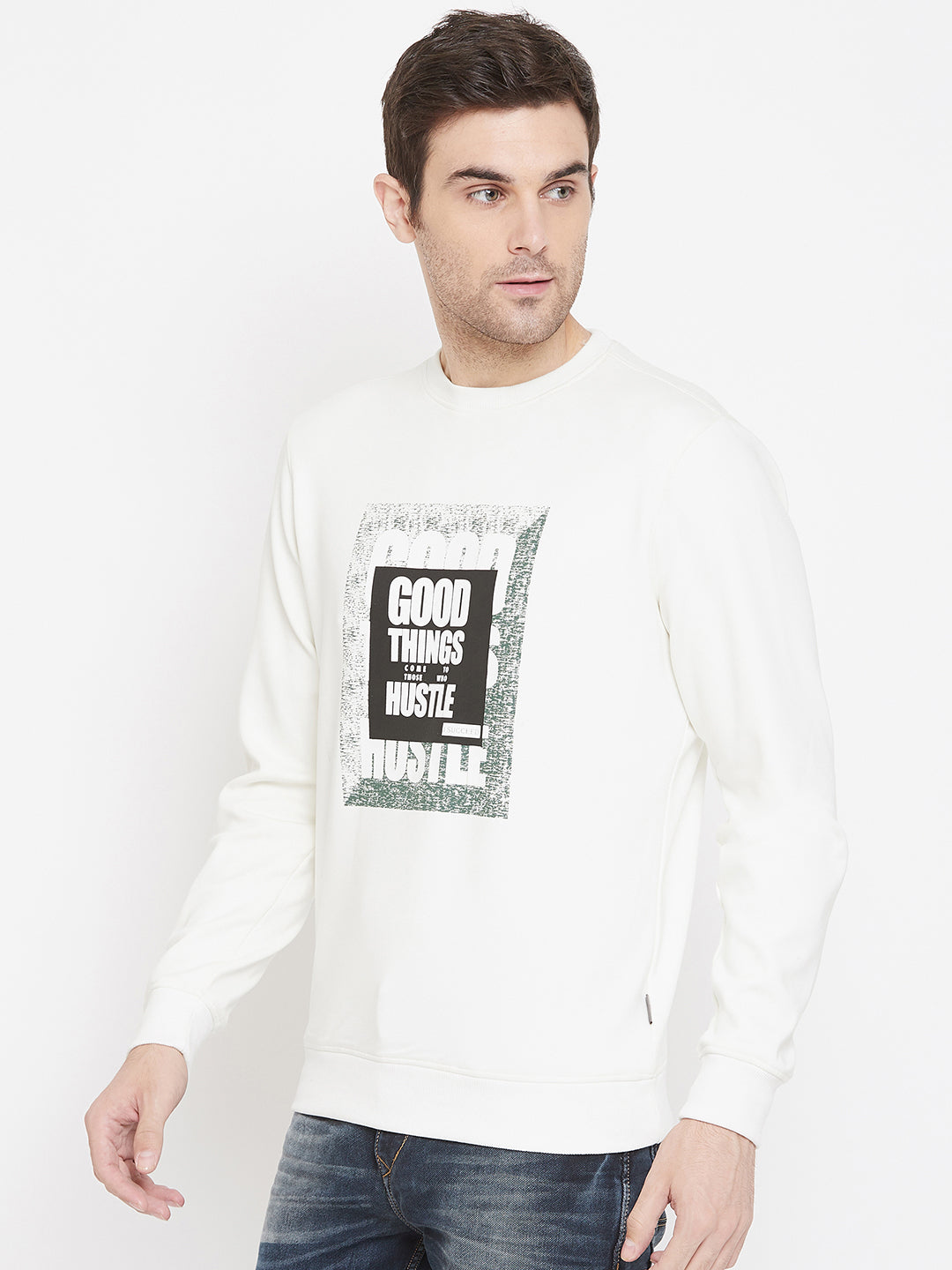 White Printed Round Neck Sweatshirt - Men Sweatshirts