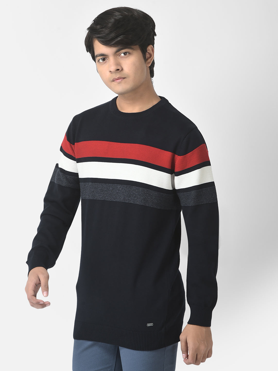  Navy Blue Colour-Blocked Sweater 