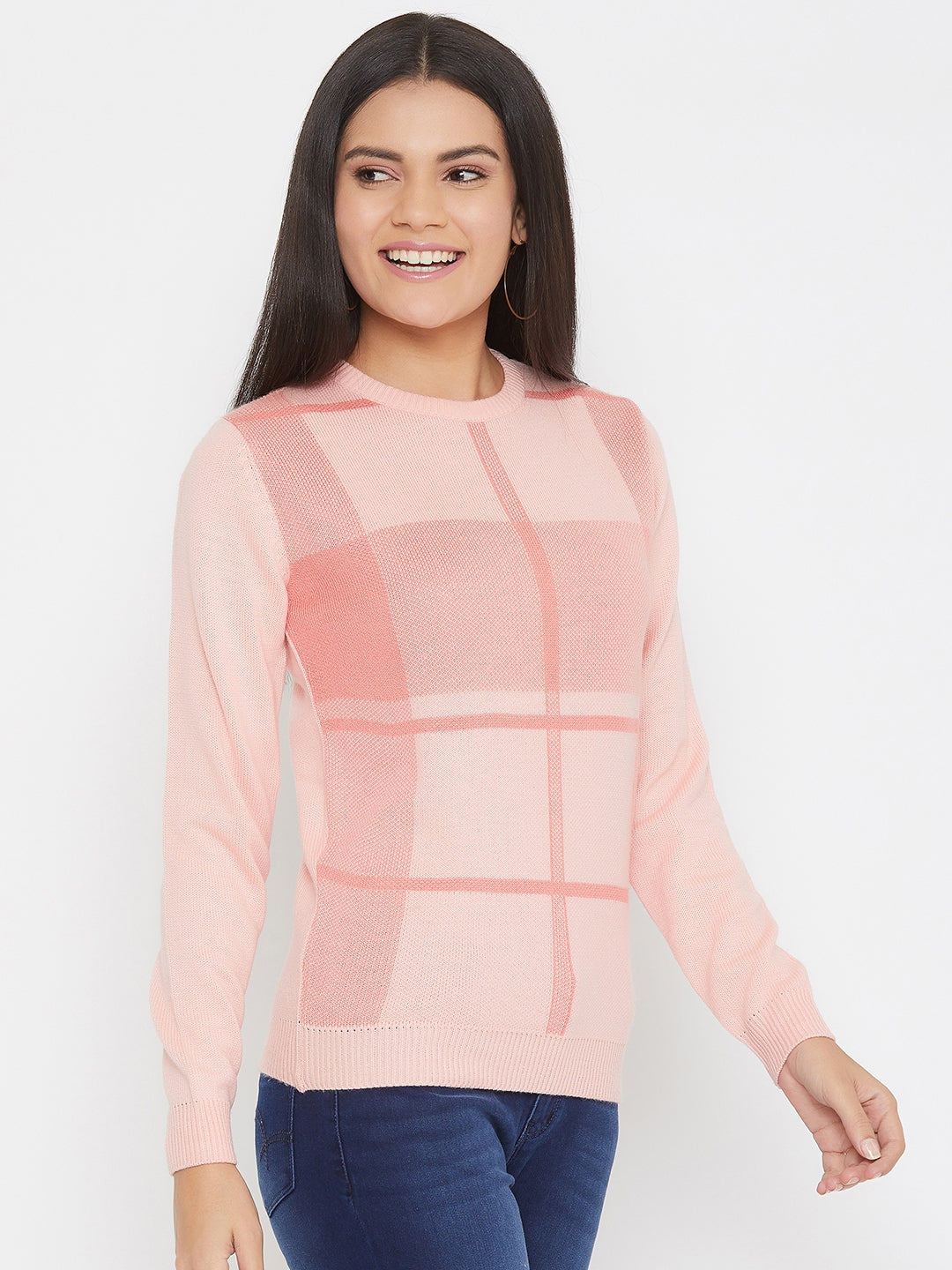 Pink Checked Round Neck Sweater - Women Sweaters