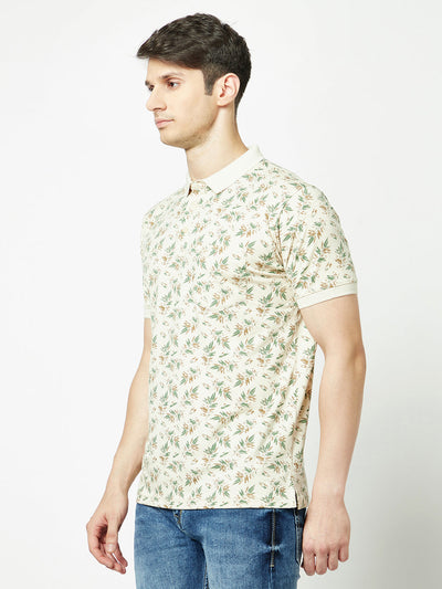  Oatmeal Melange Leaf-Print Polo T-Shirt
