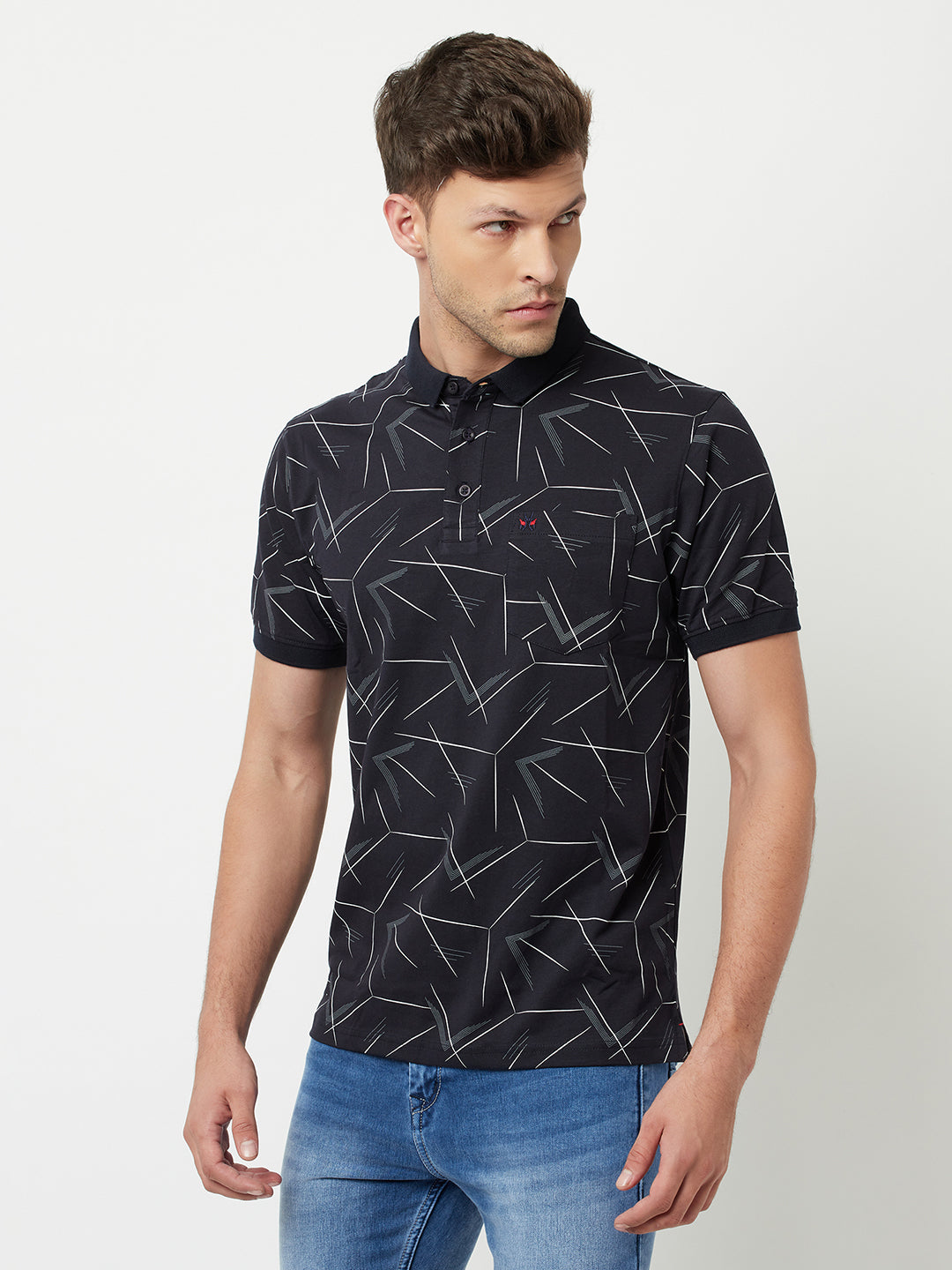 Navy Blue Printed Polo T-Shirt-Men T-Shirts-Crimsoune Club