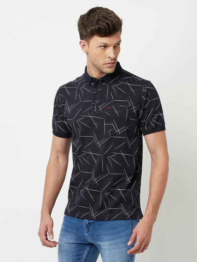 Navy Blue Printed Polo T-Shirt-Men T-Shirts-Crimsoune Club